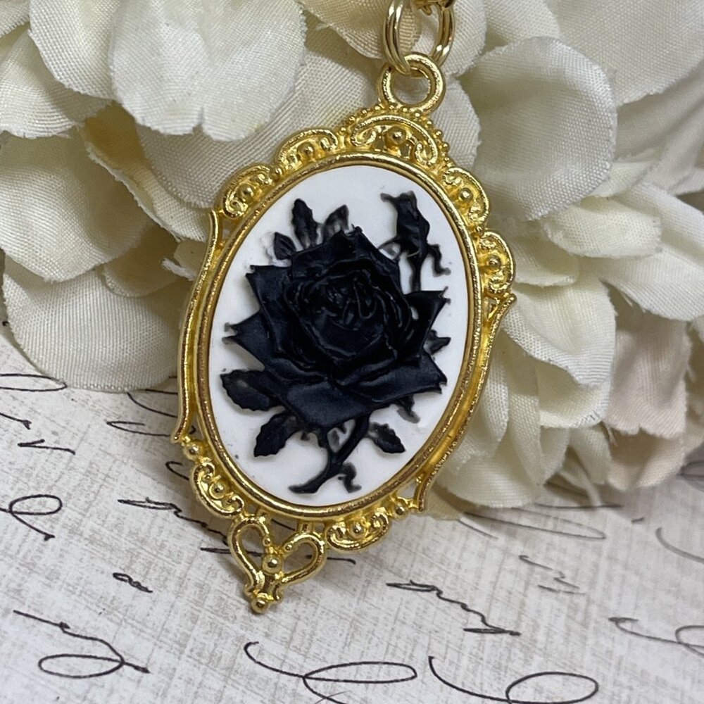 Wedding Anniversary Gift Birthday Gold Necklace Black White  Rose Cameo  Jewelry